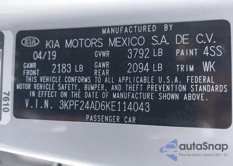 2019 Kia Forte Lxs из США, поврежденный, VIN 3KPF24AD6KE114043